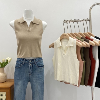 Γυναικείο πλεκτό τοπ χωρίς μανίκια με φλοράλ μοτίβο και ψεύτικη γιακά, πολυεστέρας, μεσαίου πάχους, πουλόβερ στυλ