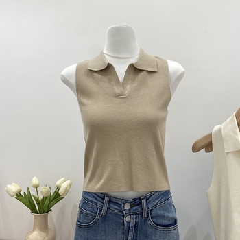 Γυναικείο πλεκτό τοπ χωρίς μανίκια με φλοράλ μοτίβο και ψεύτικη γιακά, πολυεστέρας, μεσαίου πάχους, πουλόβερ στυλ