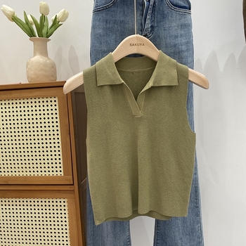 Γυναικείο πλεκτό τοπ χωρίς μανίκια με φλοράλ μοτίβο και ψεύτικη γιακά, πολυεστέρας, μεσαίου πάχους, πουλόβερ στυλ