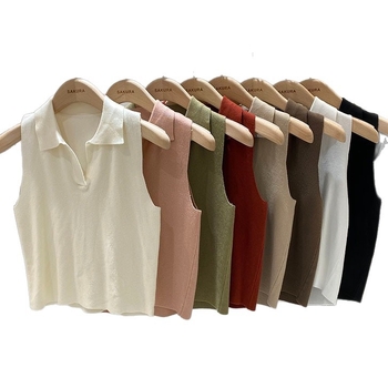 Γυναικείο πλεκτό τοπ χωρίς μανίκια με φλοράλ μοτίβο και ψεύτικη γιακά, πολυεστέρας, μεσαίου πάχους, πουλόβερ στυλ