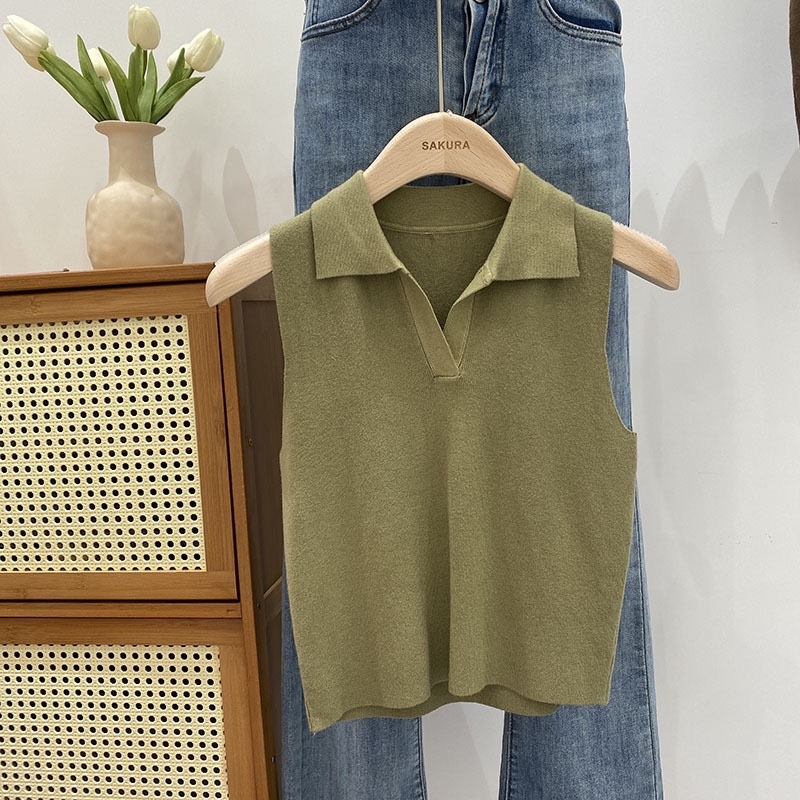 Γυναικείο πλεκτό τοπ χωρίς μανίκια με φλοράλ μοτίβο και ψεύτικη γιακά, πολυεστέρας, μεσαίου πάχους, πουλόβερ στυλ