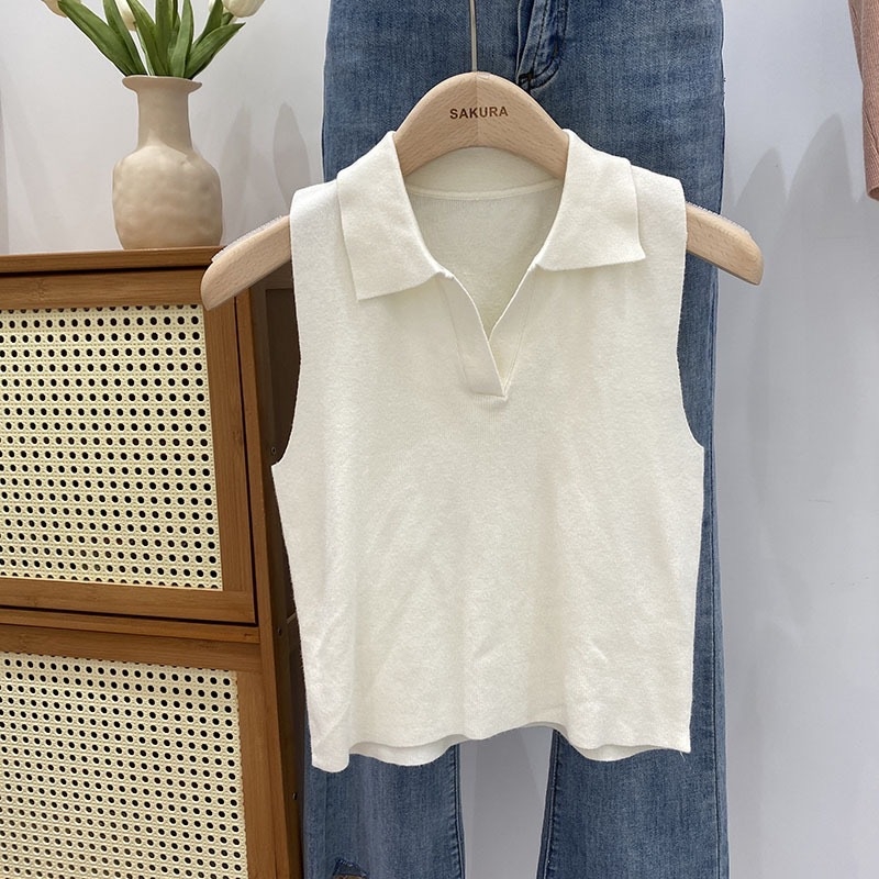 Γυναικείο πλεκτό τοπ χωρίς μανίκια με φλοράλ μοτίβο και ψεύτικη γιακά, πολυεστέρας, μεσαίου πάχους, πουλόβερ στυλ