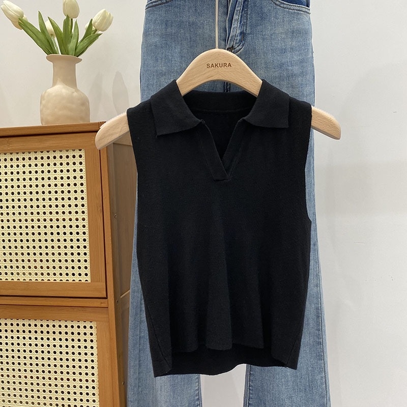 Γυναικείο πλεκτό τοπ χωρίς μανίκια με φλοράλ μοτίβο και ψεύτικη γιακά, πολυεστέρας, μεσαίου πάχους, πουλόβερ στυλ