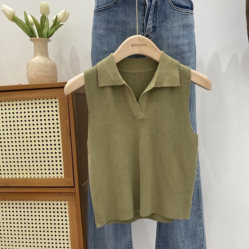 Γυναικείο πλεκτό τοπ χωρίς μανίκια με φλοράλ μοτίβο και ψεύτικη γιακά, πολυεστέρας, μεσαίου πάχους, πουλόβερ στυλ