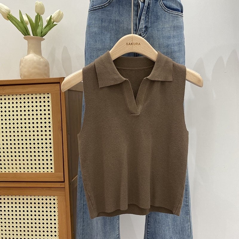 Γυναικείο πλεκτό τοπ χωρίς μανίκια με φλοράλ μοτίβο και ψεύτικη γιακά, πολυεστέρας, μεσαίου πάχους, πουλόβερ στυλ