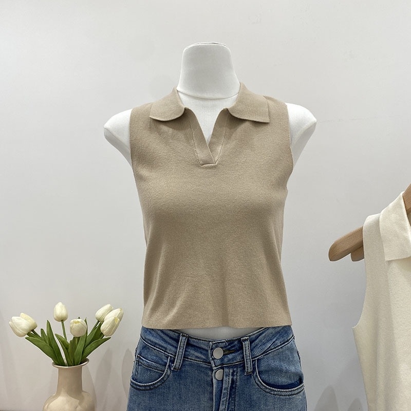 Γυναικείο πλεκτό τοπ χωρίς μανίκια με φλοράλ μοτίβο και ψεύτικη γιακά, πολυεστέρας, μεσαίου πάχους, πουλόβερ στυλ