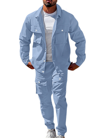 Мъжки кежуъл комплект с каре: риза без яка с къс ръкав и дълги панталони, полиестер, есен 2025