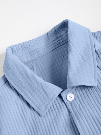 Мъжки кежуъл комплект с каре: риза без яка с къс ръкав и дълги панталони, полиестер, есен 2025