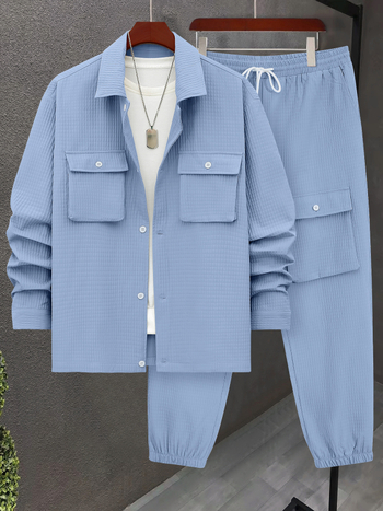 Мъжки кежуъл комплект с каре: риза без яка с къс ръкав и дълги панталони, полиестер, есен 2025