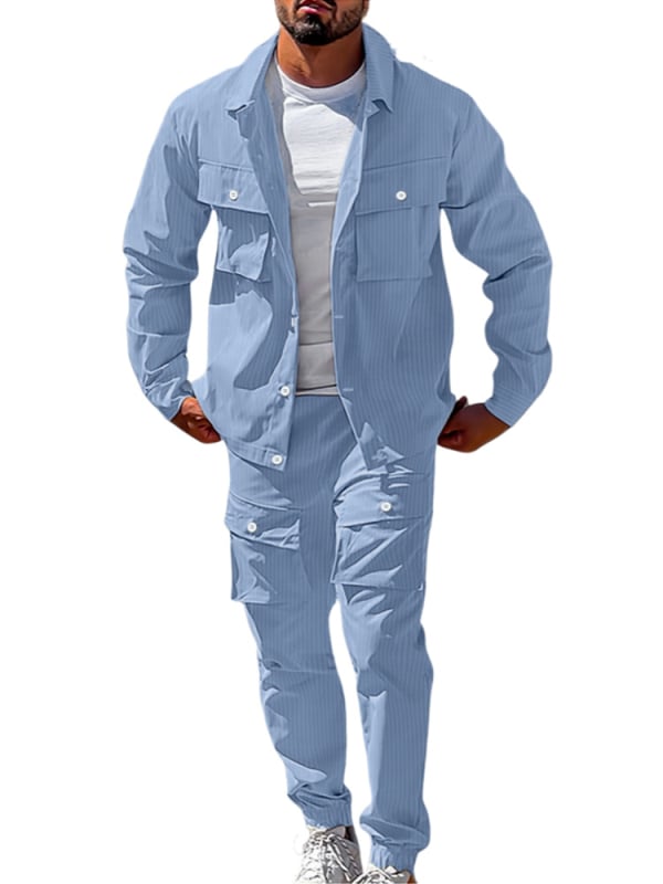 Мъжки кежуъл комплект с каре: риза без яка с къс ръкав и дълги панталони, полиестер, есен 2025