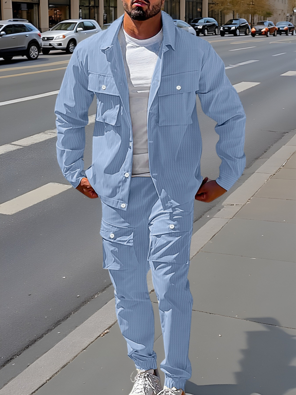 Мъжки кежуъл комплект с каре: риза без яка с къс ръкав и дълги панталони, полиестер, есен 2025