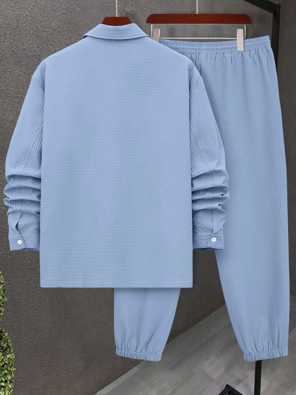 Мъжки кежуъл комплект с каре: риза без яка с къс ръкав и дълги панталони, полиестер, есен 2025