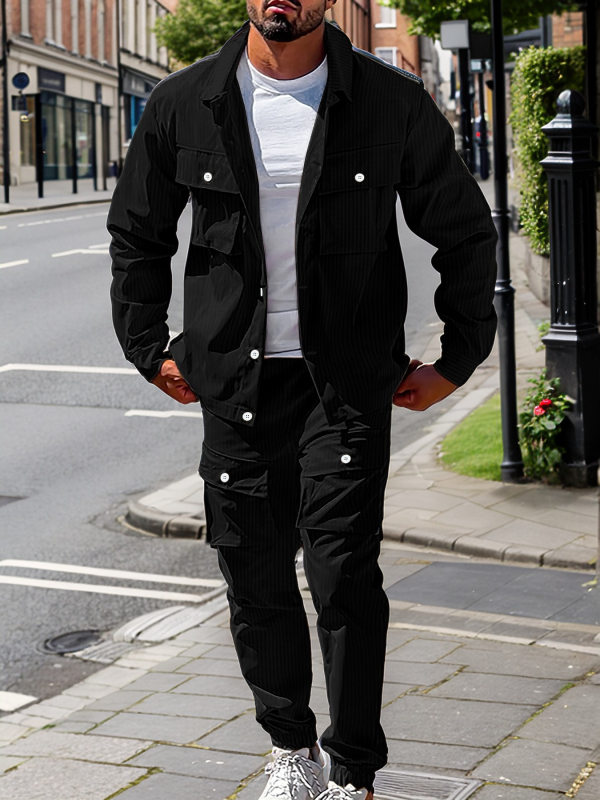 Мъжки кежуъл комплект с каре: риза без яка с къс ръкав и дълги панталони, полиестер, есен 2025