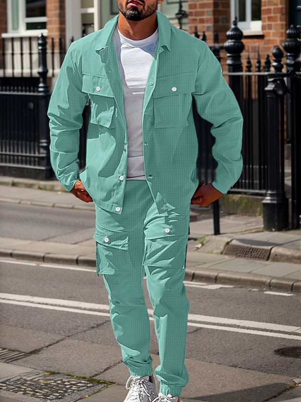 Мъжки кежуъл комплект с каре: риза без яка с къс ръкав и дълги панталони, полиестер, есен 2025