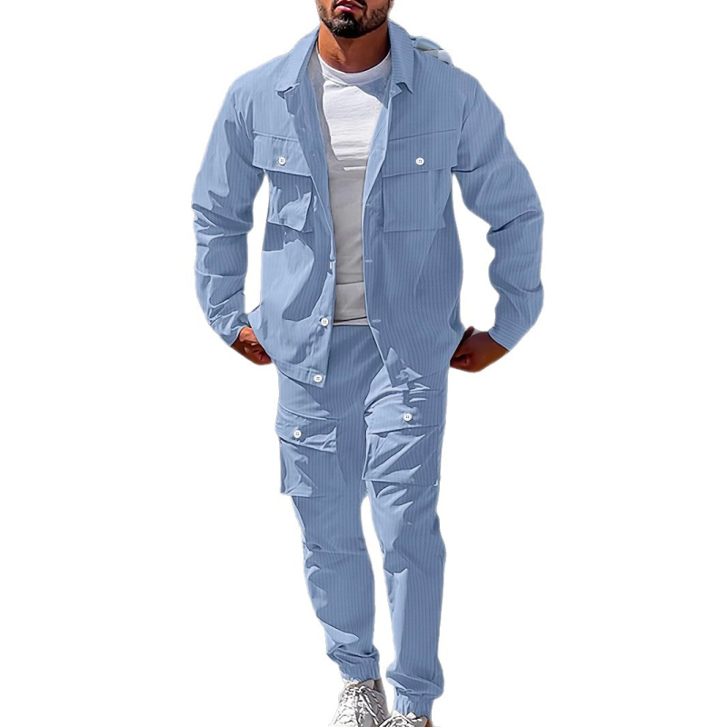 Мъжки кежуъл комплект с каре: риза без яка с къс ръкав и дълги панталони, полиестер, есен 2025