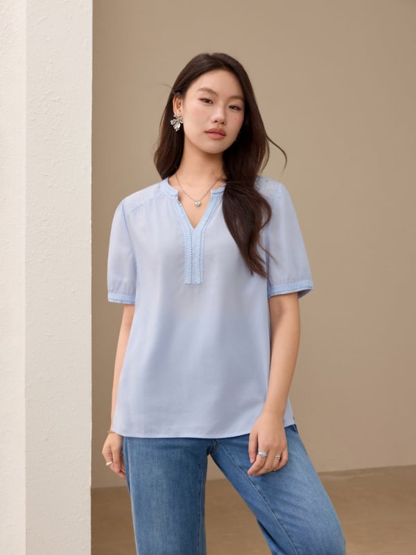 Cămașă Lyocell 95%+, decolteu în V, mâneci scurte, croială Slim