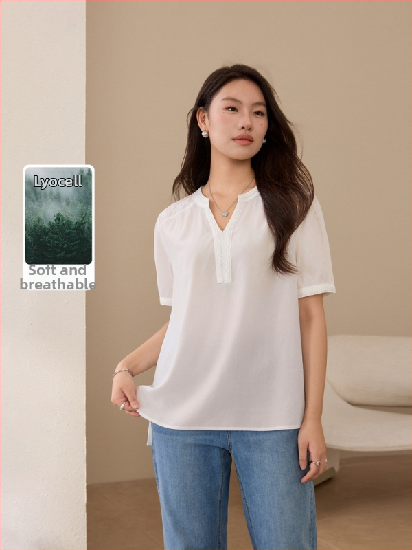 Cămașă Lyocell 95%+, decolteu în V, mâneci scurte, croială Slim