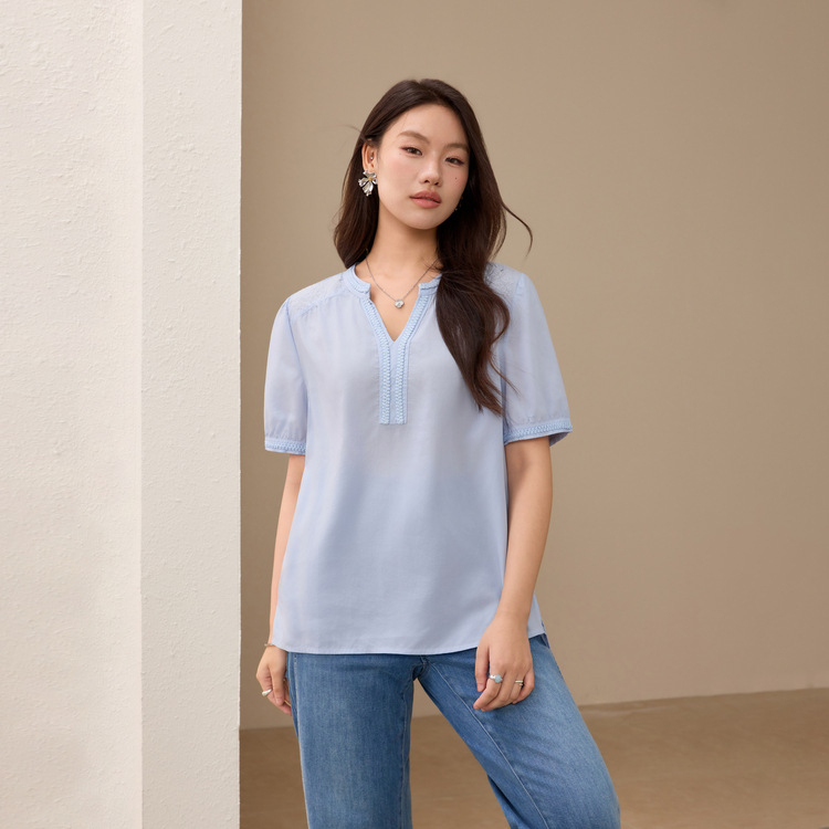 Cămașă Lyocell 95%+, decolteu în V, mâneci scurte, croială Slim