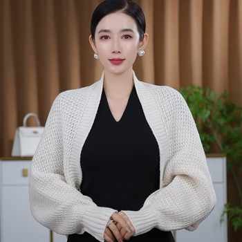 Naiste kootud šalli-kardigan – akrüül/sünteetiline vill, triibuline muster, pikad varrukad, soe sügis-talve rõivas