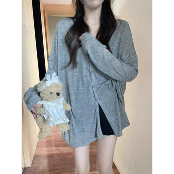 Kórejský štýlový kardigán z hrubej pleteniny, výstrih do V, dlhé rukávy, jeseň 2024