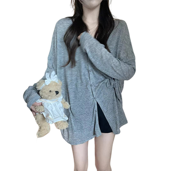 Kórejský štýlový kardigán z hrubej pleteniny, výstrih do V, dlhé rukávy, jeseň 2024