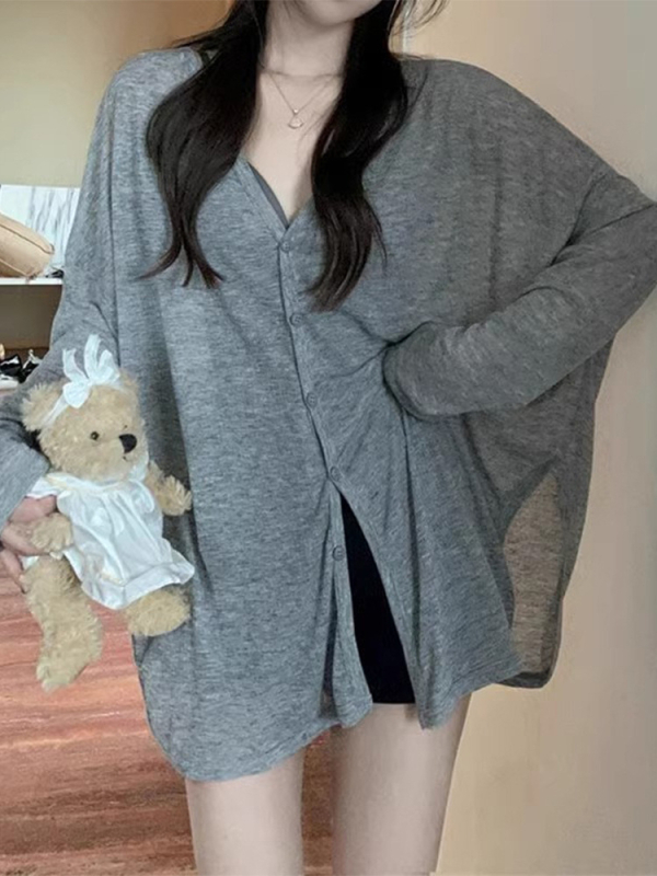 Kórejský štýlový kardigán z hrubej pleteniny, výstrih do V, dlhé rukávy, jeseň 2024