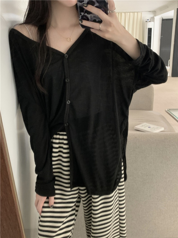 Kórejský štýlový kardigán z hrubej pleteniny, výstrih do V, dlhé rukávy, jeseň 2024