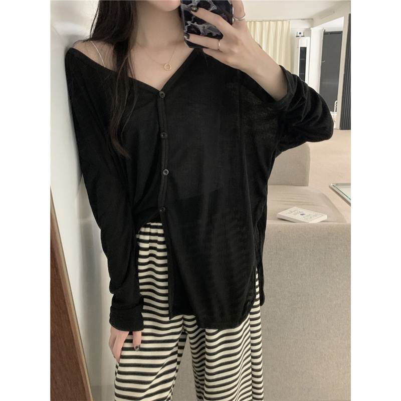 Kórejský štýlový kardigán z hrubej pleteniny, výstrih do V, dlhé rukávy, jeseň 2024