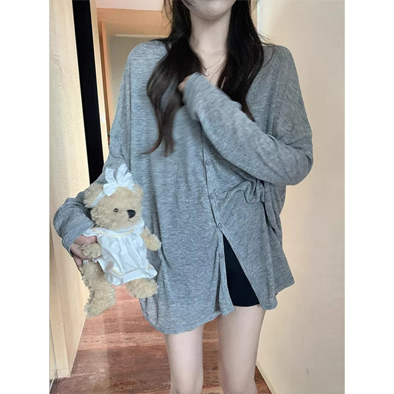 Kórejský štýlový kardigán z hrubej pleteniny, výstrih do V, dlhé rukávy, jeseň 2024