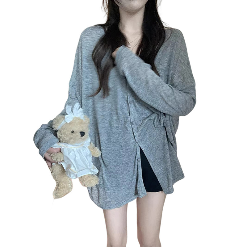 Kórejský štýlový kardigán z hrubej pleteniny, výstrih do V, dlhé rukávy, jeseň 2024