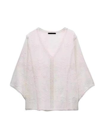 Pamut denevér ujjú blúz, hímzett lyukakkal, virágmintás, V-nyak