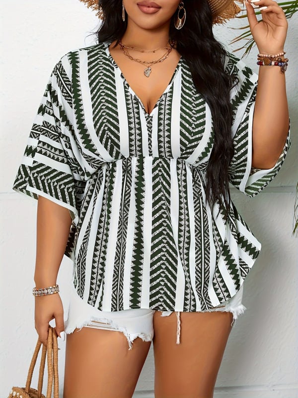 Virágos-szálas rövid ujjú blúz poliészterrel és spandexszel, mély V-nyakú, középmagas hosszúságú