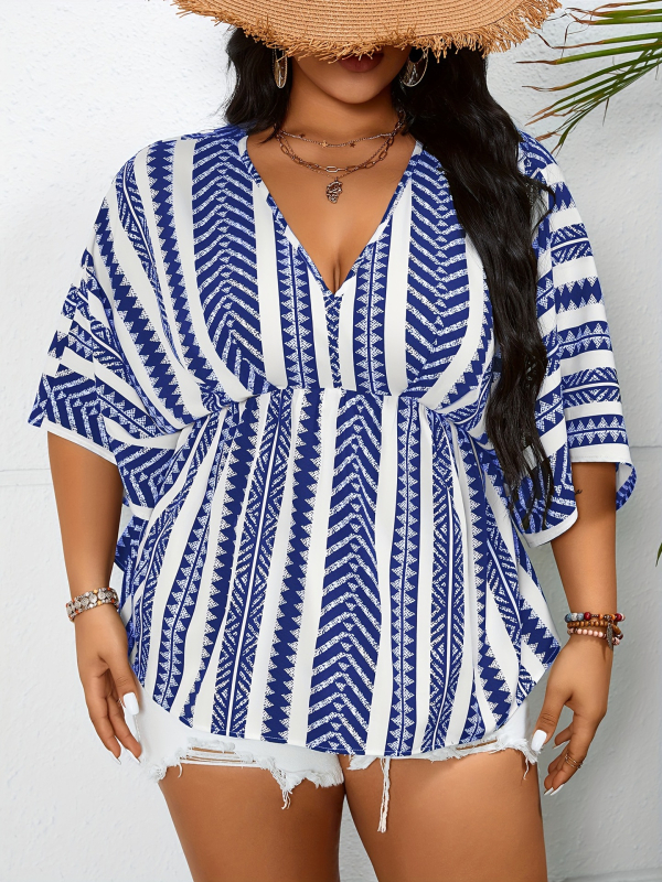 Virágos-szálas rövid ujjú blúz poliészterrel és spandexszel, mély V-nyakú, középmagas hosszúságú