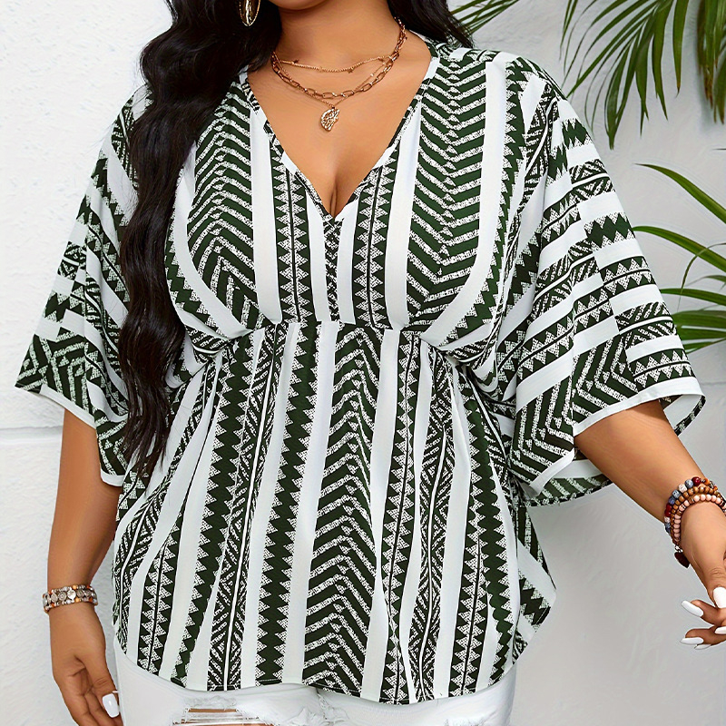 Virágos-szálas rövid ujjú blúz poliészterrel és spandexszel, mély V-nyakú, középmagas hosszúságú