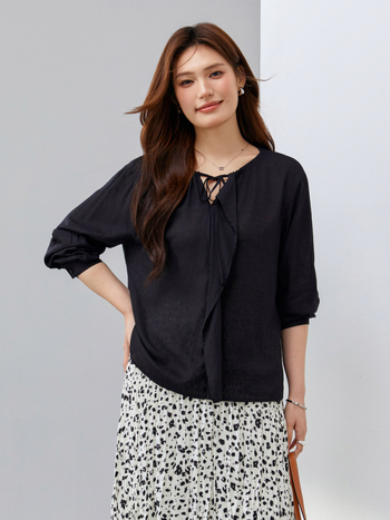 Γυναικεία λινή πουκάμισο με V-λαιμό, μακριά μανίκια, χωρίς κουμπιά, στυλ πουλόβερ, άνοιξη 2025