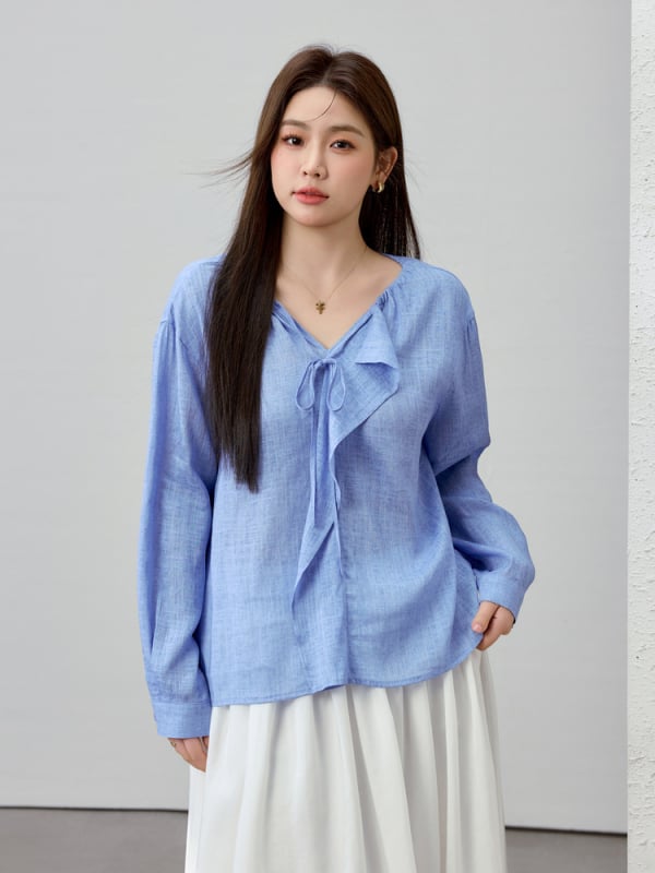 Γυναικεία λινή πουκάμισο με V-λαιμό, μακριά μανίκια, χωρίς κουμπιά, στυλ πουλόβερ, άνοιξη 2025