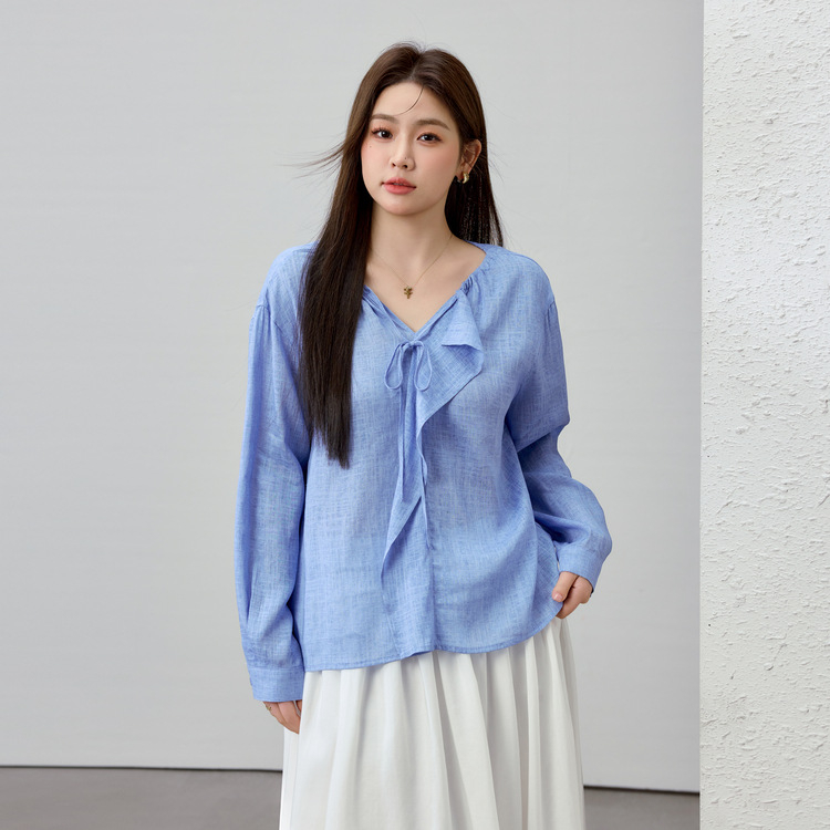 Γυναικεία λινή πουκάμισο με V-λαιμό, μακριά μανίκια, χωρίς κουμπιά, στυλ πουλόβερ, άνοιξη 2025
