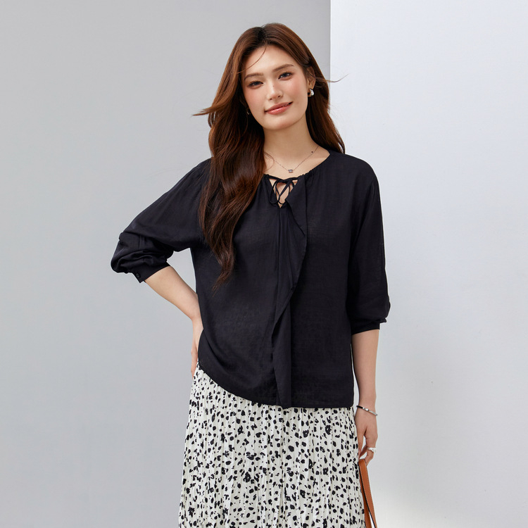 Γυναικεία λινή πουκάμισο με V-λαιμό, μακριά μανίκια, χωρίς κουμπιά, στυλ πουλόβερ, άνοιξη 2025