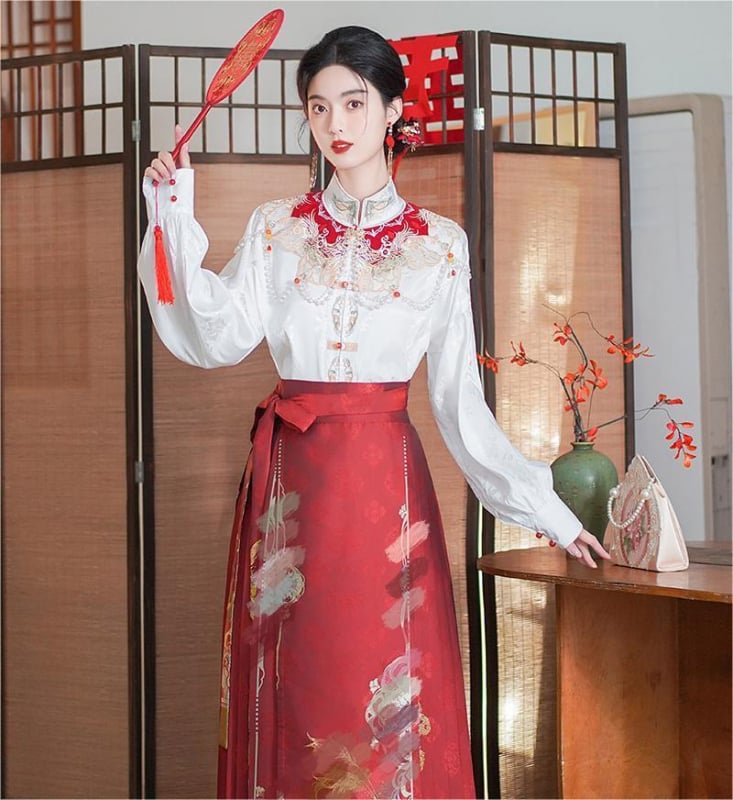 Σετ χάνφου με τοπ σε σχέδιο cloud-shoulder και φούστα με μοτίβο horse-face, για γάμο και αρραβώνα, φλανέλ ύφασμα, δύο στρώσεις πολυεστέρα 80–90%