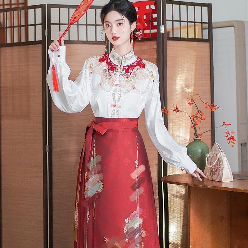 Σετ χάνφου με τοπ σε σχέδιο cloud-shoulder και φούστα με μοτίβο horse-face, για γάμο και αρραβώνα, φλανέλ ύφασμα, δύο στρώσεις πολυεστέρα 80–90%