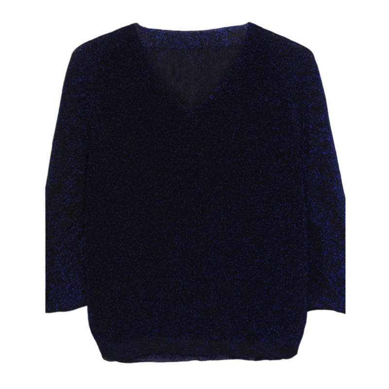 Плетена блуза с V‑образно деколте, ръкав 3/4 тип бухал, свободен силует, тънка полиестерна тъкан