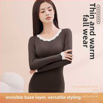 Top termic pentru femei, bază, cu dantelă la margine, viscoză ultra-subțire cu căptușeală de modal, guler rotund, pulover, croială slim