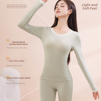 Top termic pentru femei, bază, cu dantelă la margine, viscoză ultra-subțire cu căptușeală de modal, guler rotund, pulover, croială slim