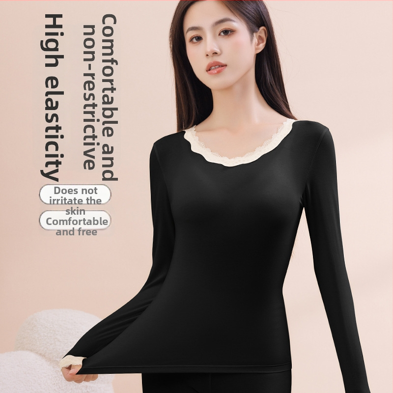 Top termic pentru femei, bază, cu dantelă la margine, viscoză ultra-subțire cu căptușeală de modal, guler rotund, pulover, croială slim