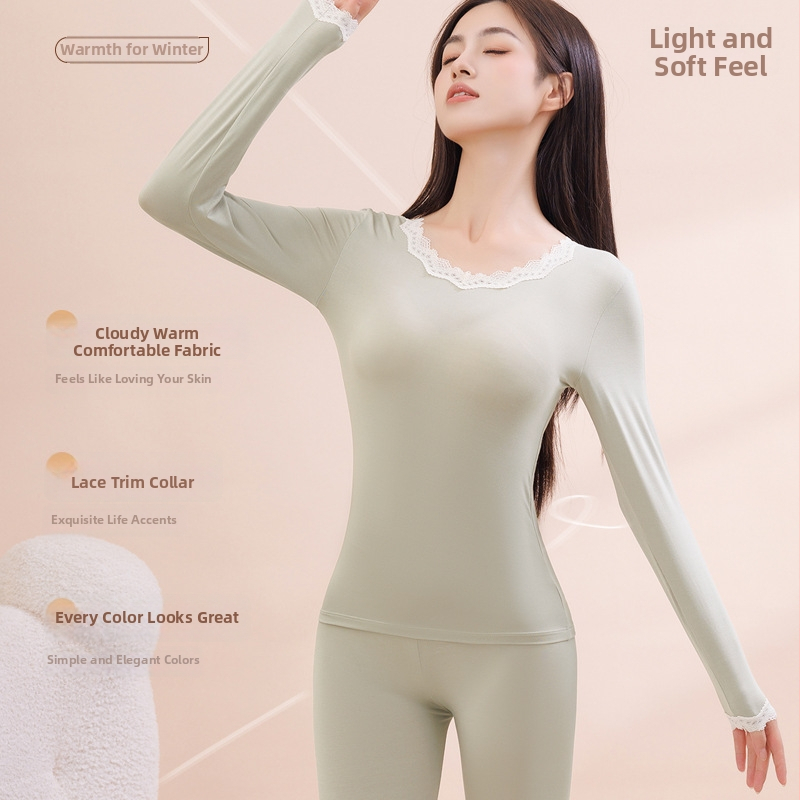 Sieviešu termiskā bāzes augšdaļa ar mežģīņu apdari, ultraplāna viskoze ar modal izklājumu, apaļš kakls, pulovera siluets