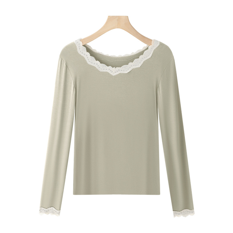 Top termic pentru femei, bază, cu dantelă la margine, viscoză ultra-subțire cu căptușeală de modal, guler rotund, pulover, croială slim