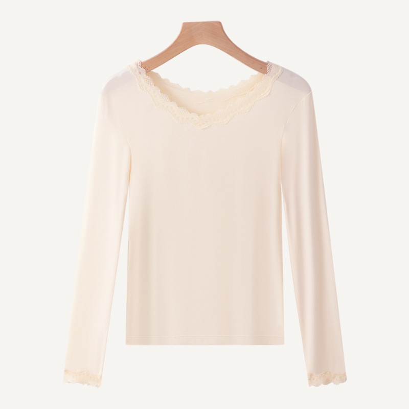Top termic pentru femei, bază, cu dantelă la margine, viscoză ultra-subțire cu căptușeală de modal, guler rotund, pulover, croială slim