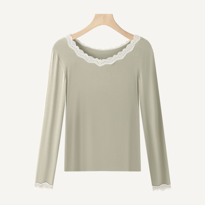 Top termic pentru femei, bază, cu dantelă la margine, viscoză ultra-subțire cu căptușeală de modal, guler rotund, pulover, croială slim