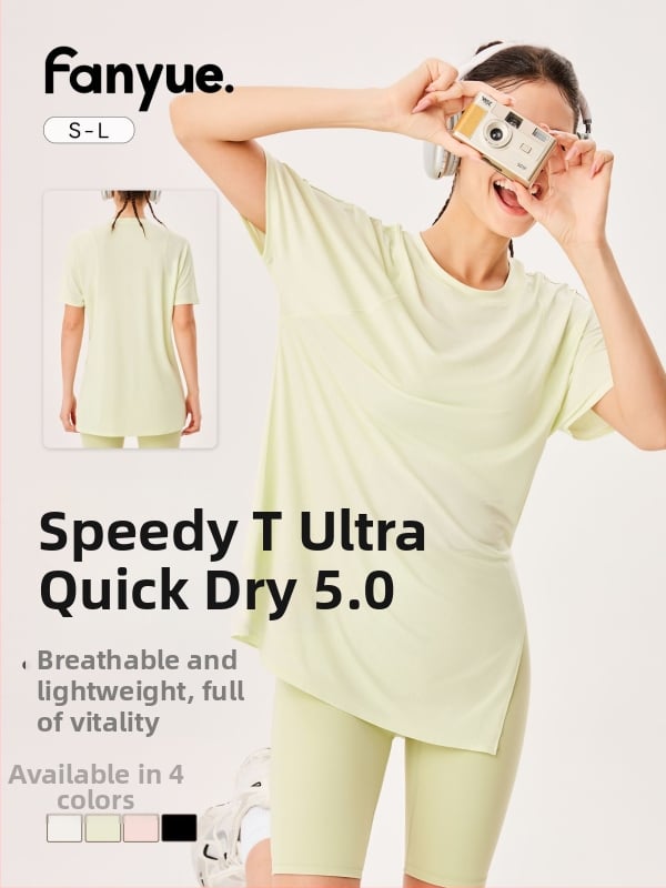 Top de yoga pentru femei cu uscare rapidă, mânecă scurtă, croială lejeră, lungime peste șold, 89% poliester + 11% spandex