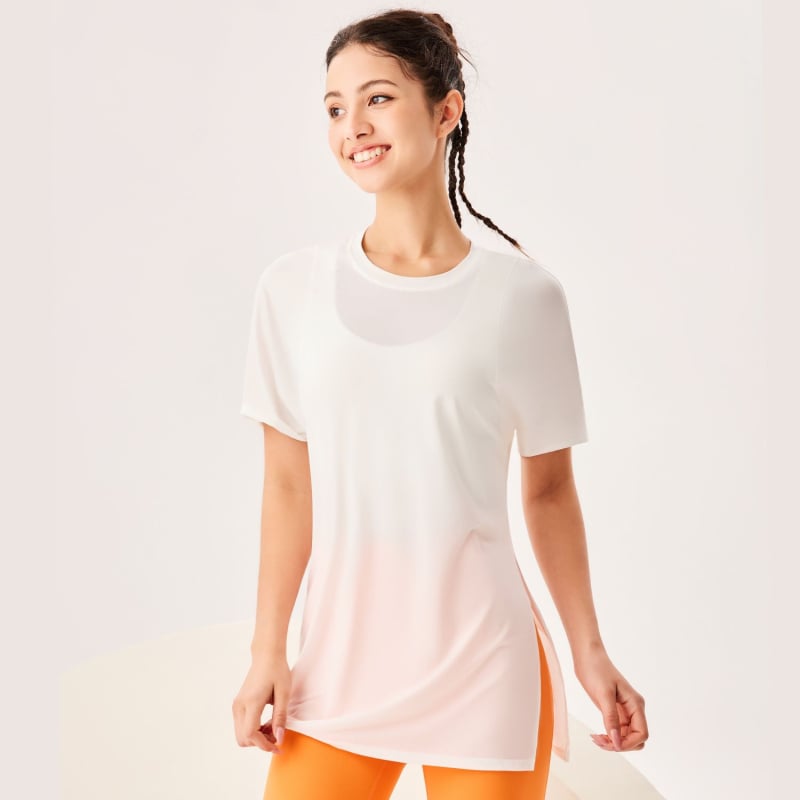 Top de yoga pentru femei cu uscare rapidă, mânecă scurtă, croială lejeră, lungime peste șold, 89% poliester + 11% spandex